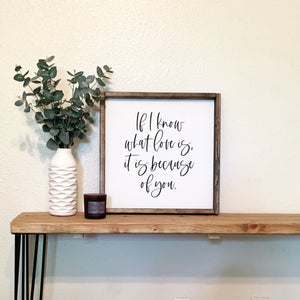 If I know what love is, it is because of you | framed wood sign