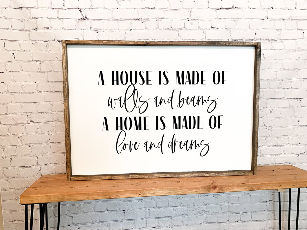 A house is made of walls and beams A home is made of love and dreams | framed wood sign