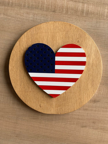 Red white & blue flag heart | Round wood sign | 4th of July decor | Layering sign | Patriotic home decor