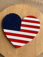 Load image into Gallery viewer, Red white &amp; blue flag heart | Round wood sign | 4th of July decor | Layering sign | Patriotic home decor