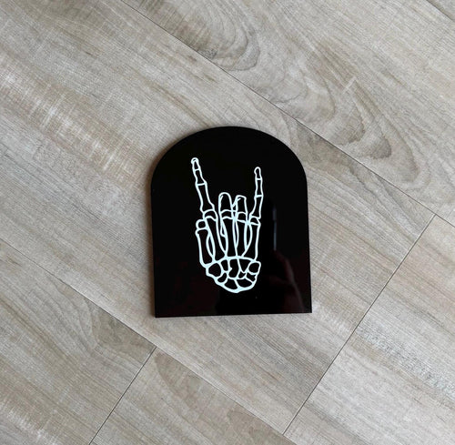 Rock on skeleton hand acrylic sign | shelf sitter | Halloween Wall decor | Fireplace mantle | Minimalist holiday decor