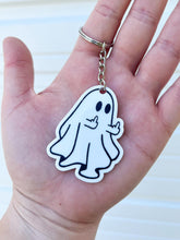 Load image into Gallery viewer, Ghost middle finger acrylic keychain | Halloween spooky season | Gag gift | friend gift funny | Halloween gift | Ghost gift