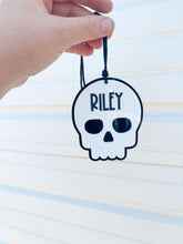 Load image into Gallery viewer, Halloween skull basket name tag | acrylic | keychain