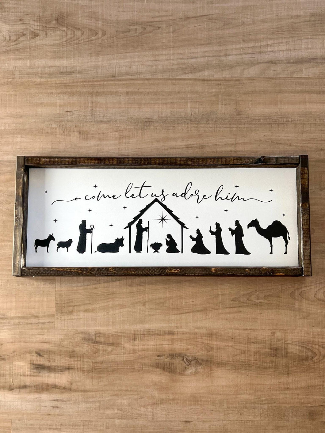 O come let us adore him | Nativity scene | framed wood sign