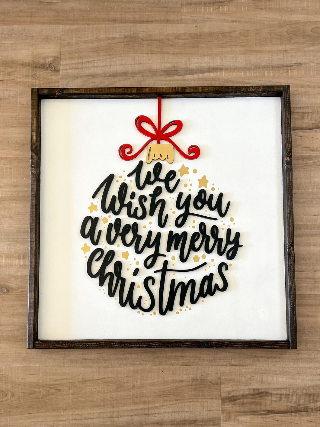 We wish you a merry Christmas | Ornament shape picture | framed wood sign