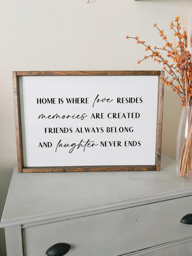 Home is where love resides, and memories are made | framed wood sign | Wall art