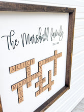 Load image into Gallery viewer, Scrabble tile framed wood sign | Family Name Sign Personalized | Gift for Grandparents Personalized Gift for Mom | Anniversary gift wall art