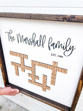 Load image into Gallery viewer, Scrabble tile framed wood sign | Family Name Sign Personalized | Gift for Grandparents Personalized Gift for Mom | Anniversary gift wall art