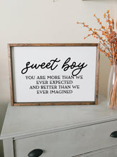 Load image into Gallery viewer, Sweet boy framed wood sign | Above baby crib wall art | Nursery wall decor