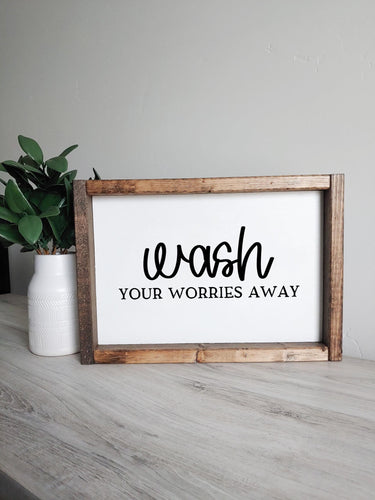 Wash your worries away framed wood sign | Bathroom wall decor  | Guest bathroom wall art