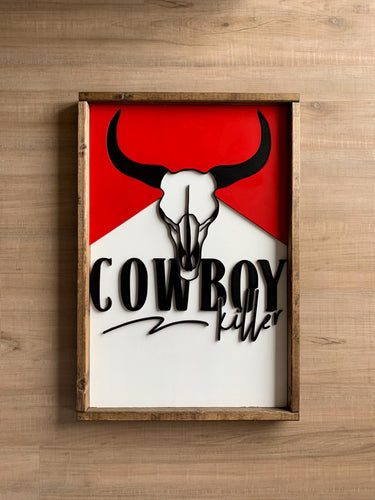 Cowboy killer framed wood sign | Wall art | Western bull skull wall decor