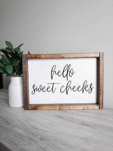 Hello sweet cheeks | framed wood sign | Wall art | Bathroom wall decor