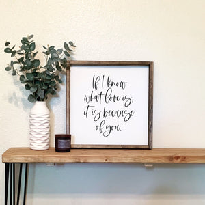 If I know what love is, it is because of you | Framed wood sign